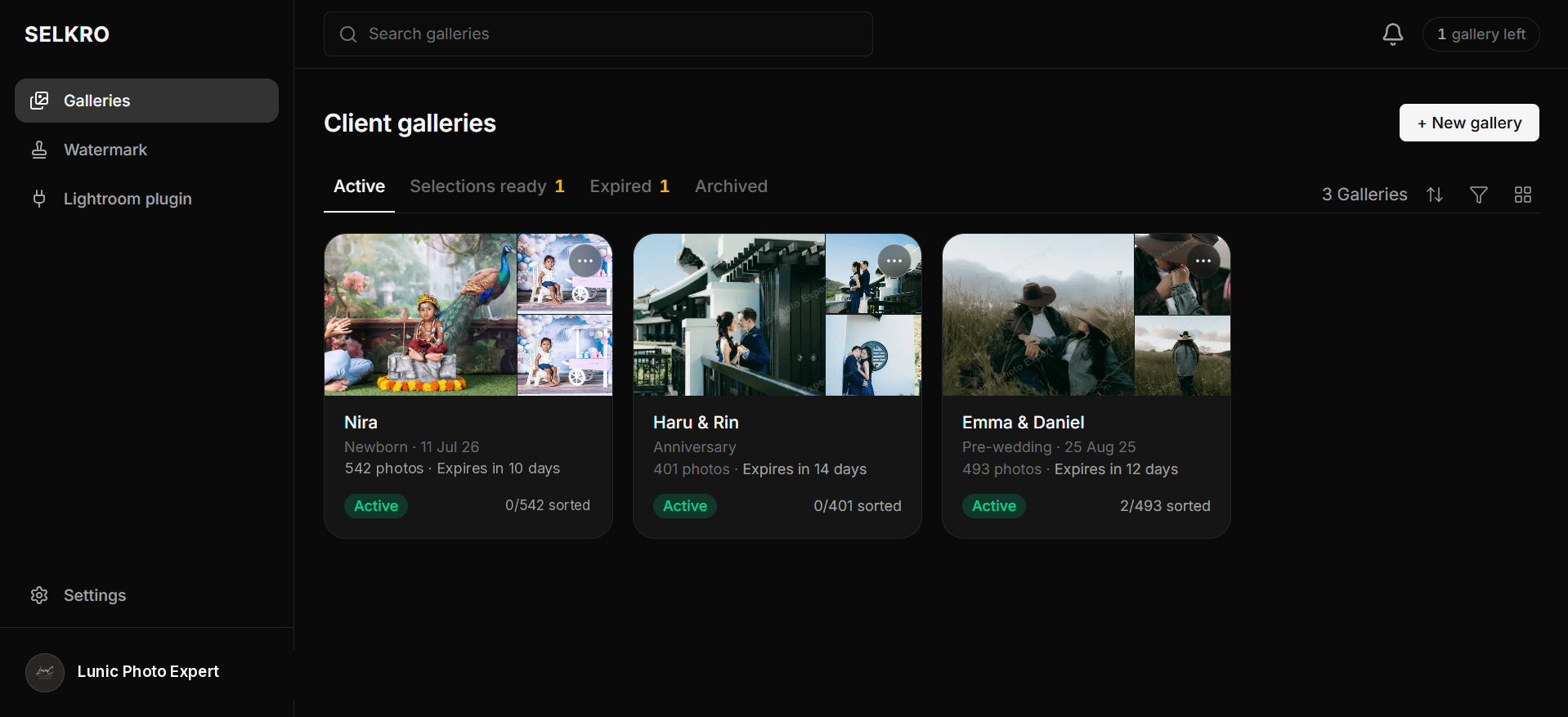 The Selkro dashboard: client galleries, selections, and Lightroom-ready exports