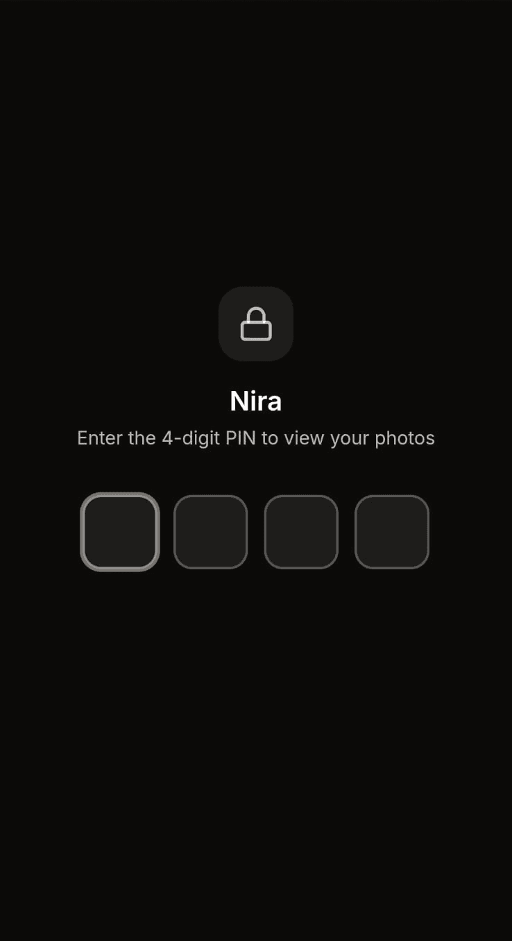 A client opening the gallery link and entering its PIN on a phone