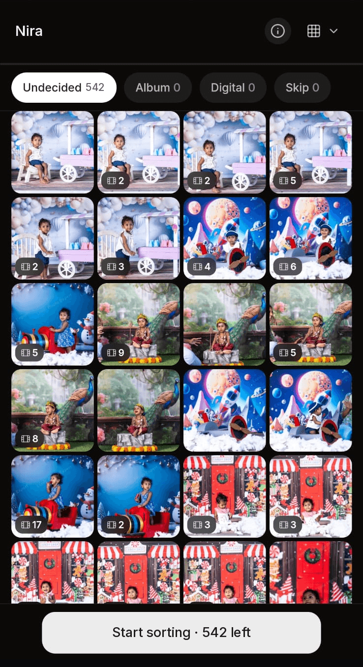 A client's gallery on a phone, every proof in a grid